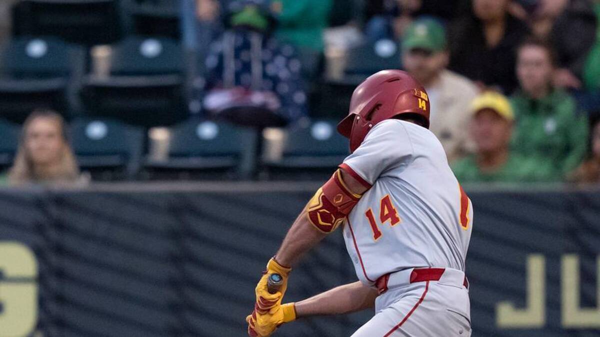  USC outfielder Jack Basseer hits a single as the Oregon Ducks host the USC Trojans on May 14, 2026, in Eugene, Oregon. | Ben Lonergan/The Register-Guard / USA TODAY NETWORK via Imagn Images 