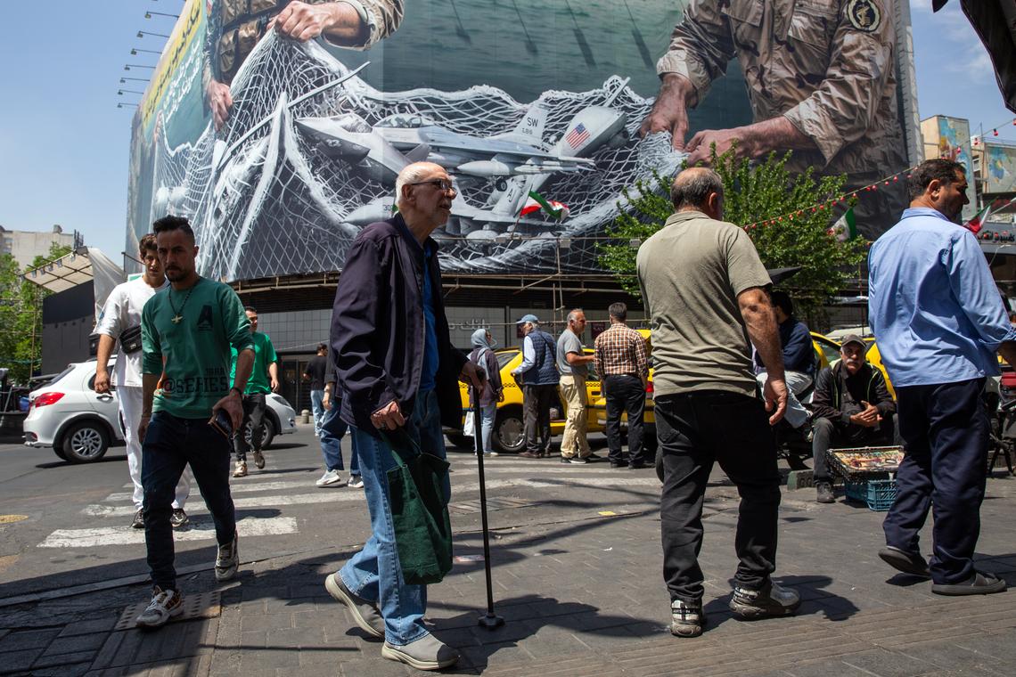 A billboard in Tehran on Tuesday, April 28, 2026, depicts Iranian control of the Strait of Hormuz. Oil prices continued to climb on Tuesday, as peace talks between the United States and Iran appeared at an impasse, with negotiators deadlocked over proposals to reopen the Strait of Hormuz to tanker traffic and restrict Iran's nuclear program. Arash Khamooshi/The New York Times)