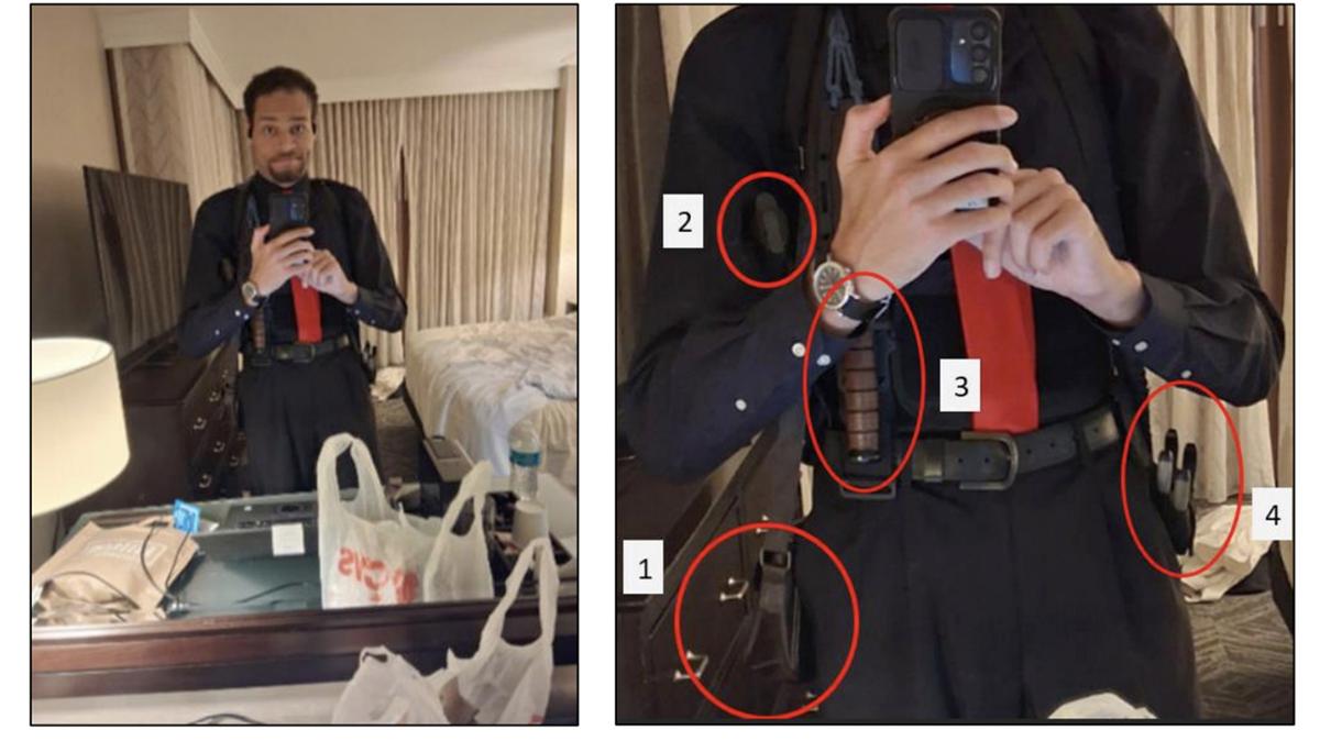 This image, released as part of the US government's Memorandum in Support of Pretrial Detention, shows Cole Tomas Allen, the suspect in the shooting incident in Washington at the annual White House Correspondents' Association Dinner, while in his hotel room at the Washington Hilton in Washington, D.C., on April 25, 2026. The composite handout image was released on Wednesday, April 29, 2026, by the U.S. Department of Justice in Washington, D.C. (U.S. Department of Justice/Getty Images/TNS)