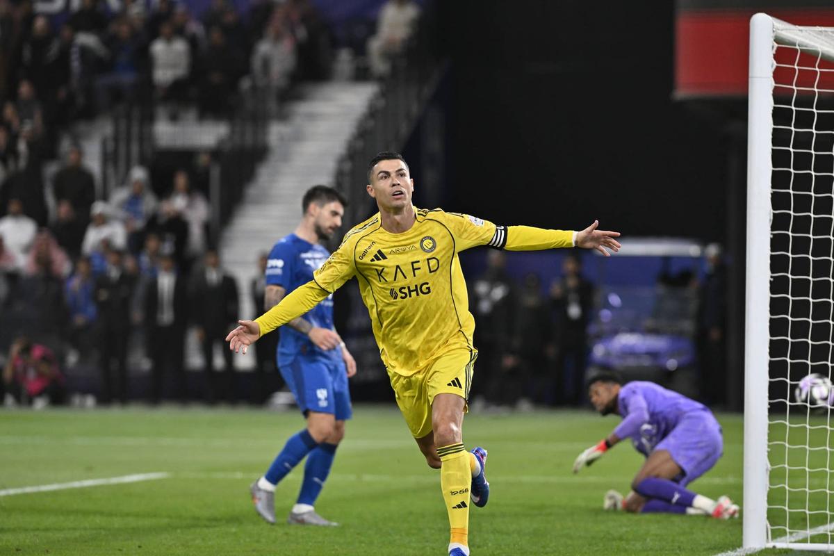  Cristiano Ronaldo celebrates after scoring a goal during the Saudi Pro League match between Al Hilal and Al Nassr. Photo by Mohammed Saad/Anadolu via Getty Images