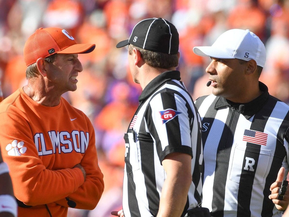  Clemson Tigers head coach Dabo Swinney talks to officials Saturday, Nov. 1, 2025, during the NCAA football game against the Duke Blue Devils at Memorial Stadium in Clemson, South Carolina. © Alex Martin/Greenville News / USA TODAY NETWORK via Imagn Images