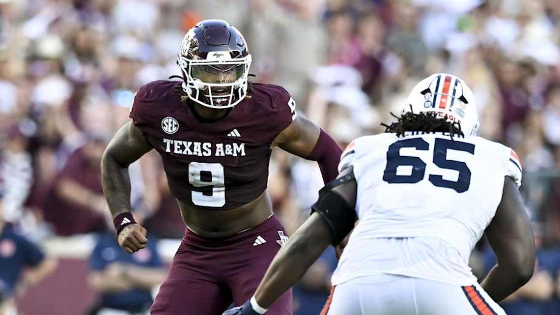  Sep 27, 2025; College Station, Texas, USA; Texas A&M Aggies defensive end Cashius Howell (9) defends in coverage against the Auburn Tigers during the fourth quarter at Kyle Field. Mandatory Credit: Maria Lysaker-Imagn Images | Maria Lysaker-Imagn Images 