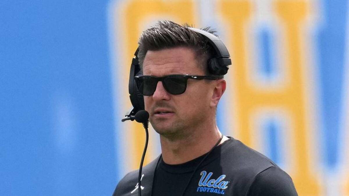  May 2, 2026; Pasadena, CA, USA; UCLA Bruins coach Bob Chesney reacts during the spring game at Rose Bowl. Mandatory Credit: Kirby Lee-Imagn Images | Kirby Lee-Imagn Images 