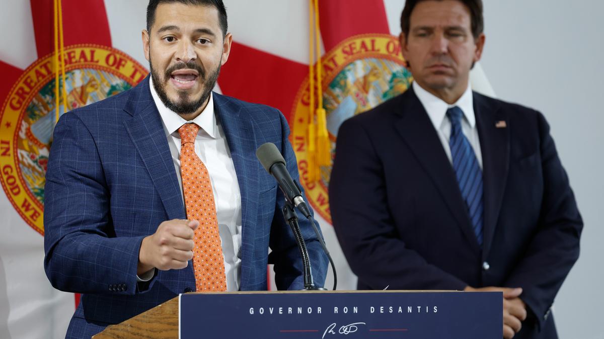 Florida Commissioner of Education Anastasios Kamoutsas discusses the state’s 2026-27 budget proposal during a news conference held by Florida Gov. Ron DeSantis at the Dr. Phillips Center for the Performing Arts in Orlando, Florida, on Dec. 10, 2025. Kamoutsas and Florida's Department of Education announced a new U.S. history course on May 4 intended to rival Advanced Placement U.S. History. (Rich Pope/Orlando Sentinel/TNS)