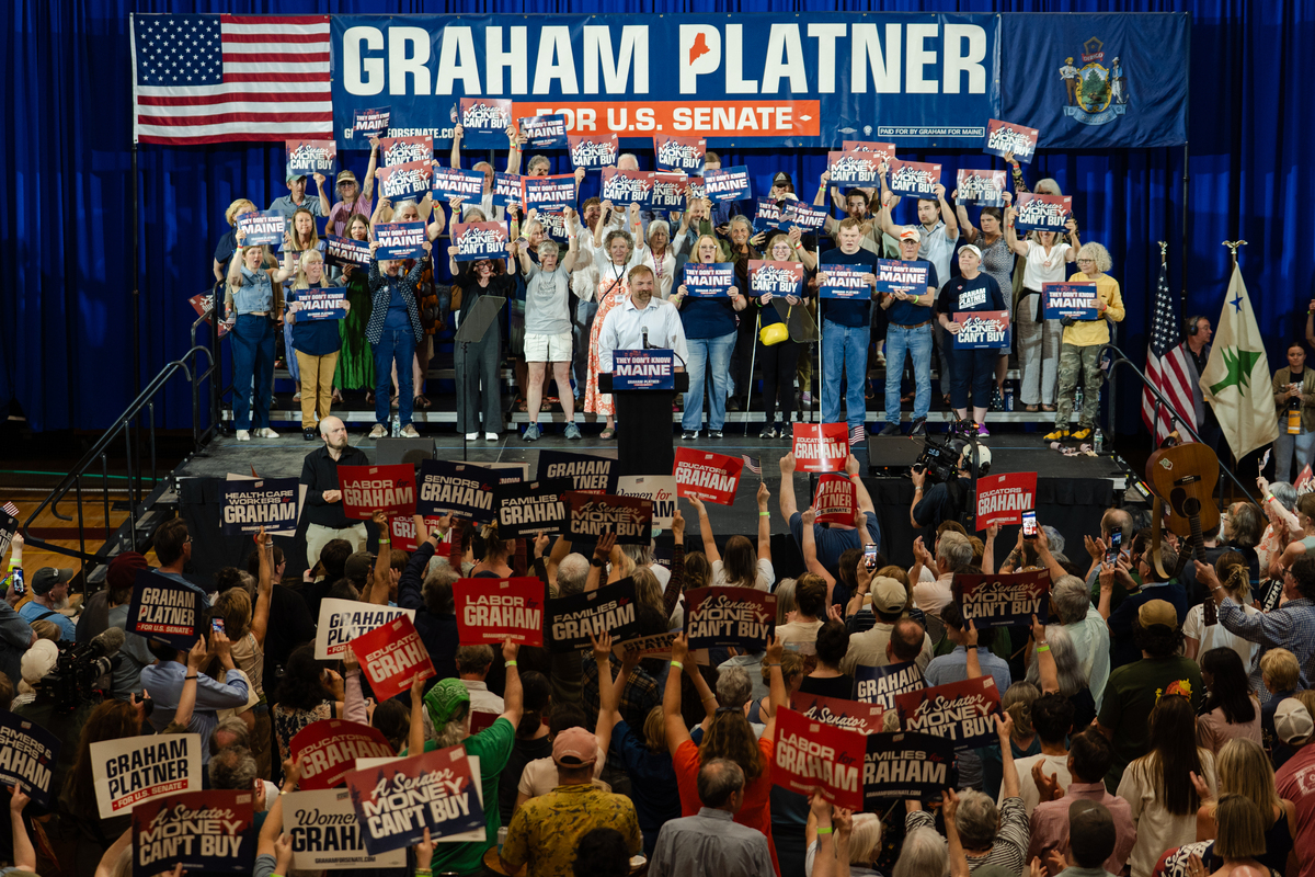 Graham Platner speaks to supporters in Blue Hill, Maine, after winning the Democratic nomination for the Senate on Tuesday night, June 9, 2026. Platner quickly turned his populist message against Susan Collins, the Republican incumbent. (Sophie Park/The New York Times)