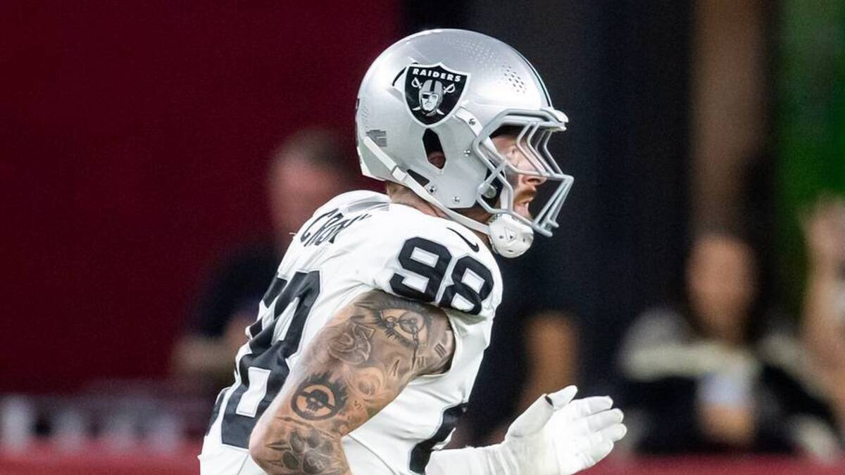  Aug 23, 2025; Glendale, Arizona, USA; Las Vegas Raiders defensive end Maxx Crosby (98) against the Arizona Cardinals during a preseason NFL game at State Farm Stadium. Mandatory Credit: Mark J. Rebilas-Imagn Images | IMAGN IMAGES via Reuters Connect 