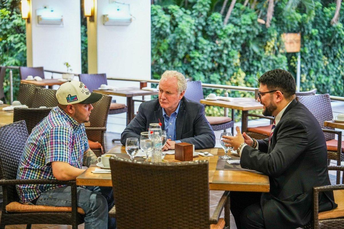 Democratic U.S. Sen. Chris Van Hollen on April 17 speaks with Maryland constituent, Kilmar Abrego Garcia, who was deported to El Salvador by the Trump administration, despite an immigration court order that he not be removed from the United States.
