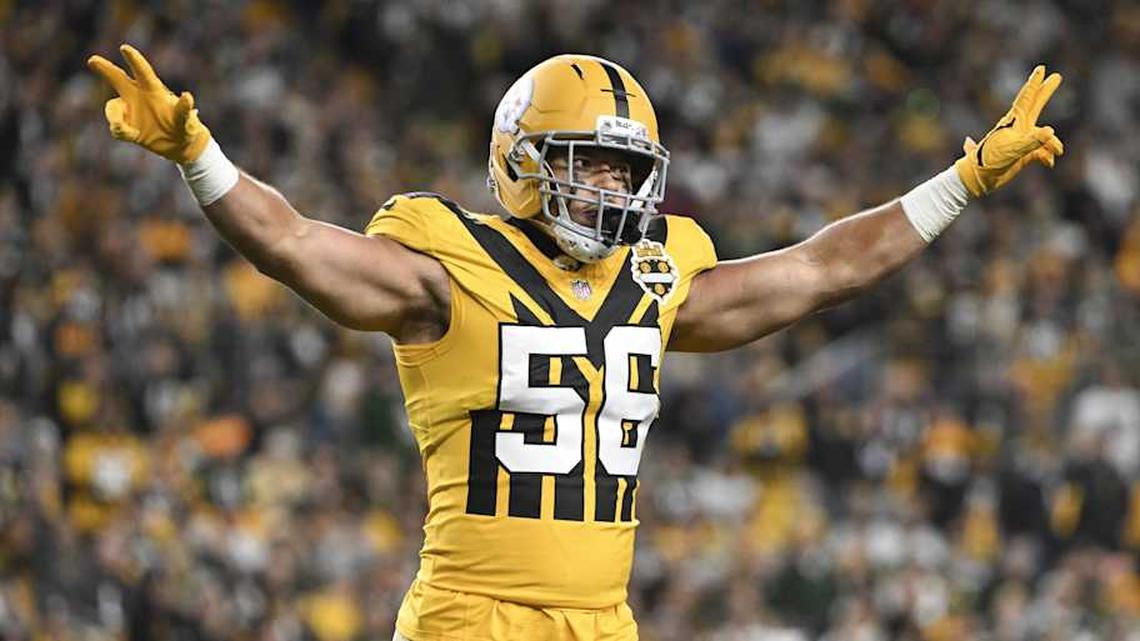  Oct 26, 2025; Pittsburgh, Pennsylvania, USA; Pittsburgh Steelers linebacker Alex Highsmith (56) celebrates a stop on third down against the Green Bay Packers during the second quarter at Acrisure Stadium. Mandatory Credit: Barry Reeger-Imagn Images | Barry Reeger-Imagn Images 