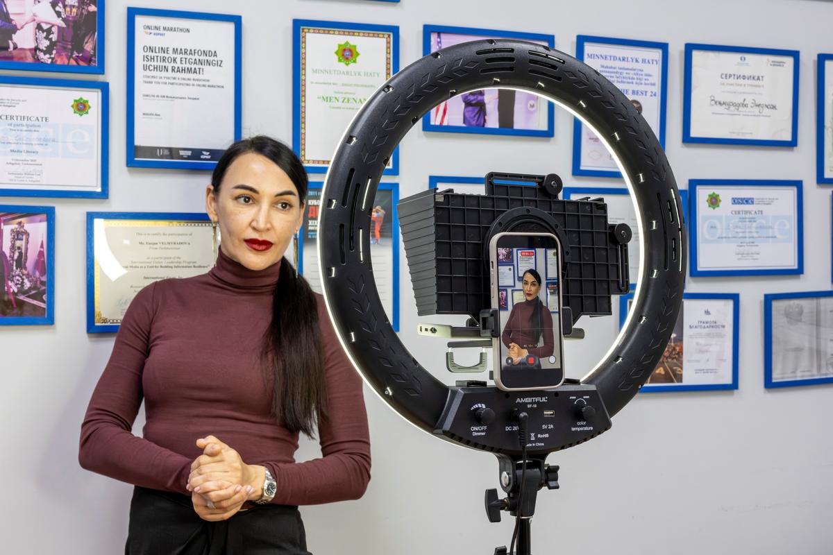 Social media influencer Enejan Velmuradova is recorded at her office in Ashgabat, Turkmenistan, March 18, 2026. REUTERS/Umit Bektas