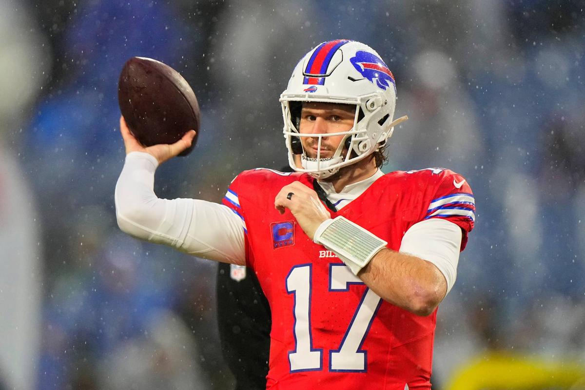  Dec 28, 2025; Orchard Park, New York, USA; Buffalo Bills quarterback Josh Allen (17) warms up before the game against the Philadelphia Eagles at Highmark Stadium. Mandatory Credit: Gregory Fisher-Imagn Images 