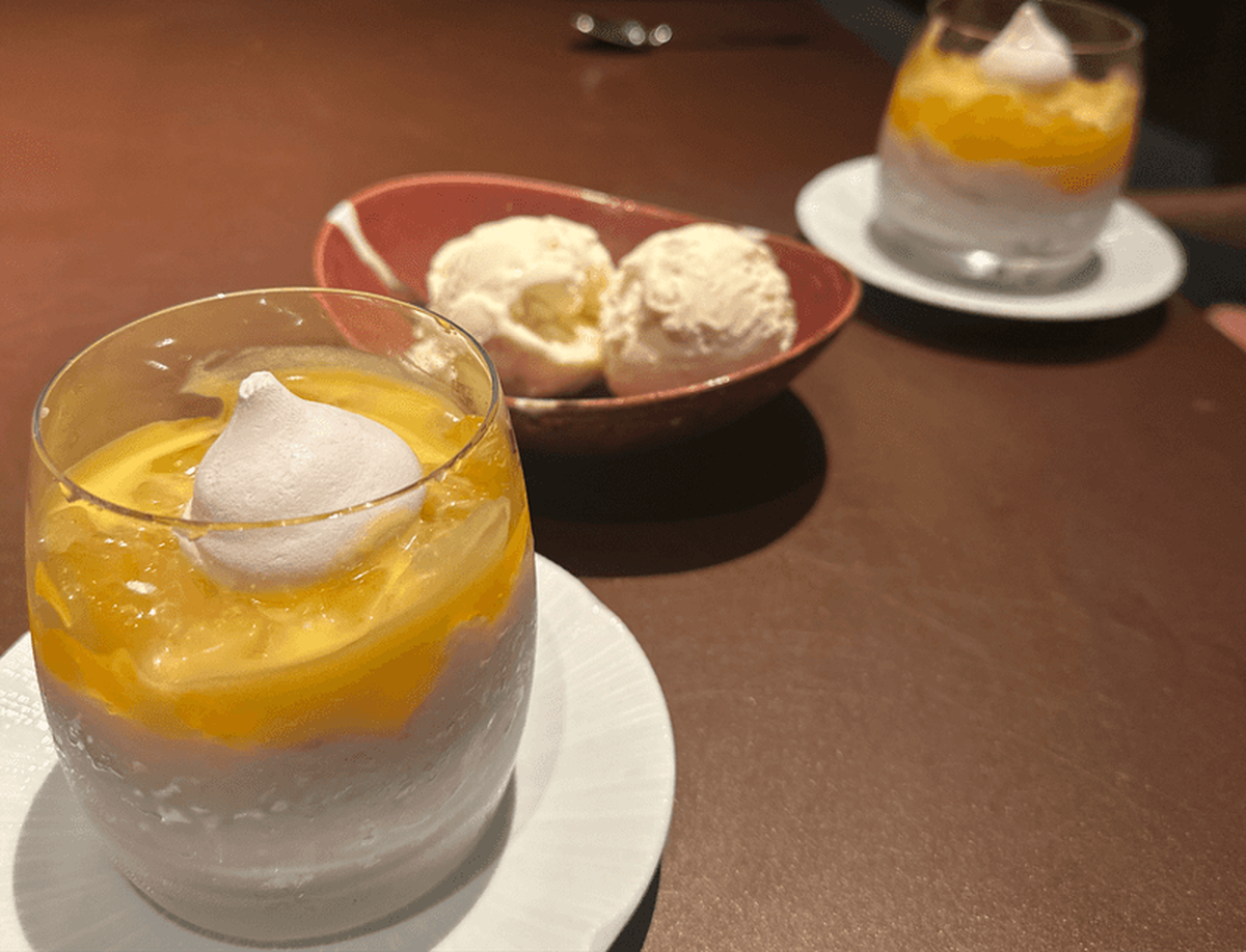  The Coconut Rice and Mango dessert arrived with a side of vanilla ice cream, which was just the right light and refreshing send off after a full sushi dinner. Photo credit: April Benshosan 