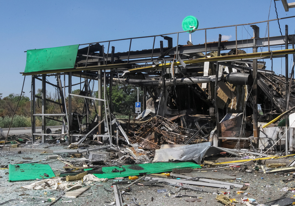A gas station hit by a Russian drone strike, amid Russia's attack on Ukraine, in Dnipropetrovsk region, Ukraine July 1, 2026. REUTERS/Stringer