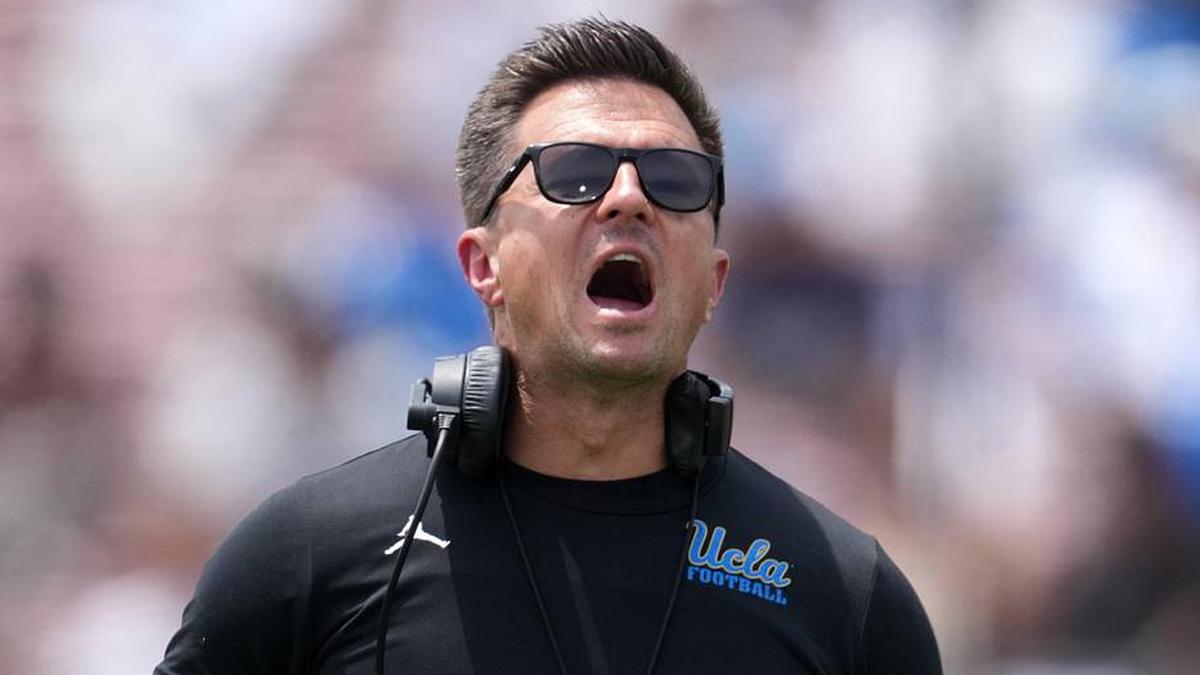  May 2, 2026; Pasadena, CA, USA; UCLA Bruins coach Bob Chesney reacts during the spring game at Rose Bowl. Mandatory Credit: Kirby Lee-Imagn Images | Kirby Lee-Imagn Images 