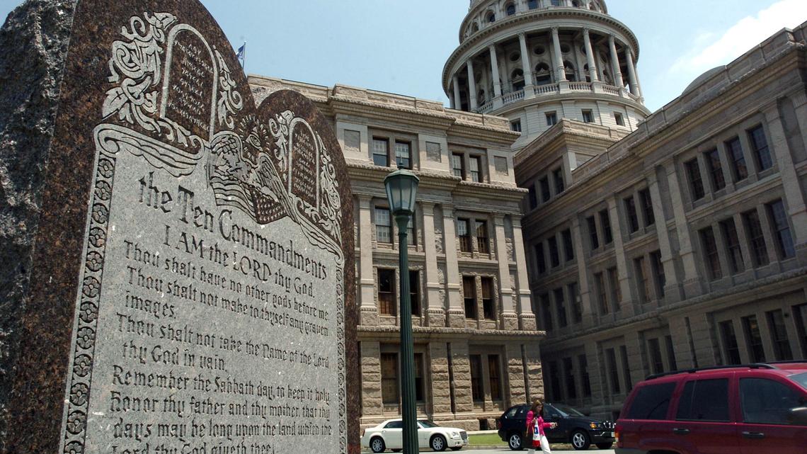 The slab displaying the Ten Commandments rests just north of the Capitol in Austin, Texas.