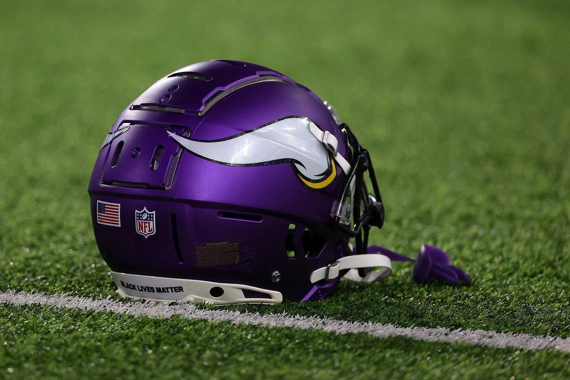 MINNEAPOLIS, MINNESOTA - OCTOBER 31: A detailed view of a Minnesota Vikings helmet during warmups prior to a game between the Minnesota Vikings and the Dallas Cowboys at U.S. Bank Stadium on October 31, 2021 in Minneapolis, Minnesota. (Photo by Stacy Revere/Getty Images) 