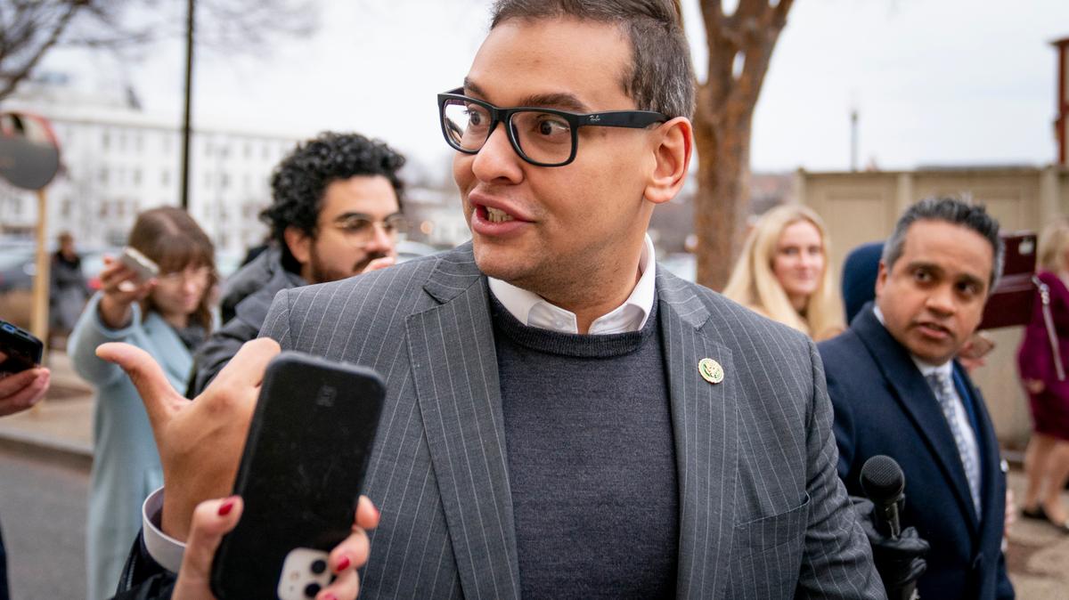 Rep. George Santos, R-N.Y., leaves a House GOP conference meeting on Capitol Hill in Washington on Jan. 25.