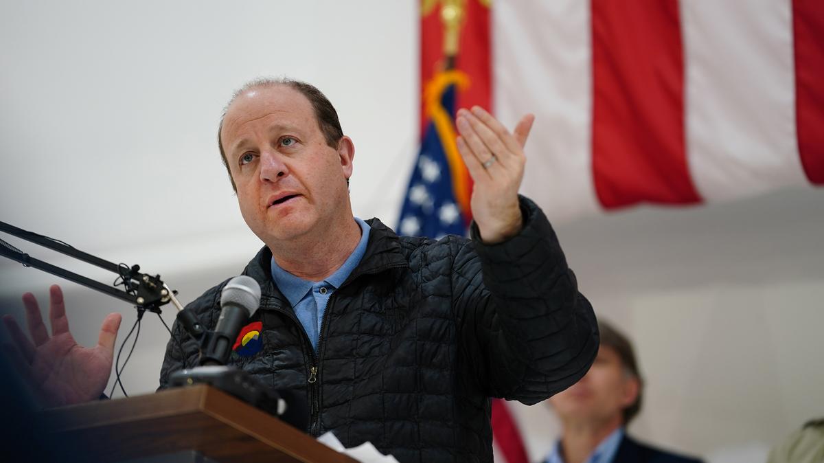 Colorado Governor Jared Polis takes questions from the media during a briefing and overview of the state's 2026 Wildfire Outlook and Preparedness Plan at Rocky Mountain Metropolitan Airport near Broomfield, Colorado, on Thursday, April 30, 2026. (Harmon Dobson/The Denver Post/TNS)