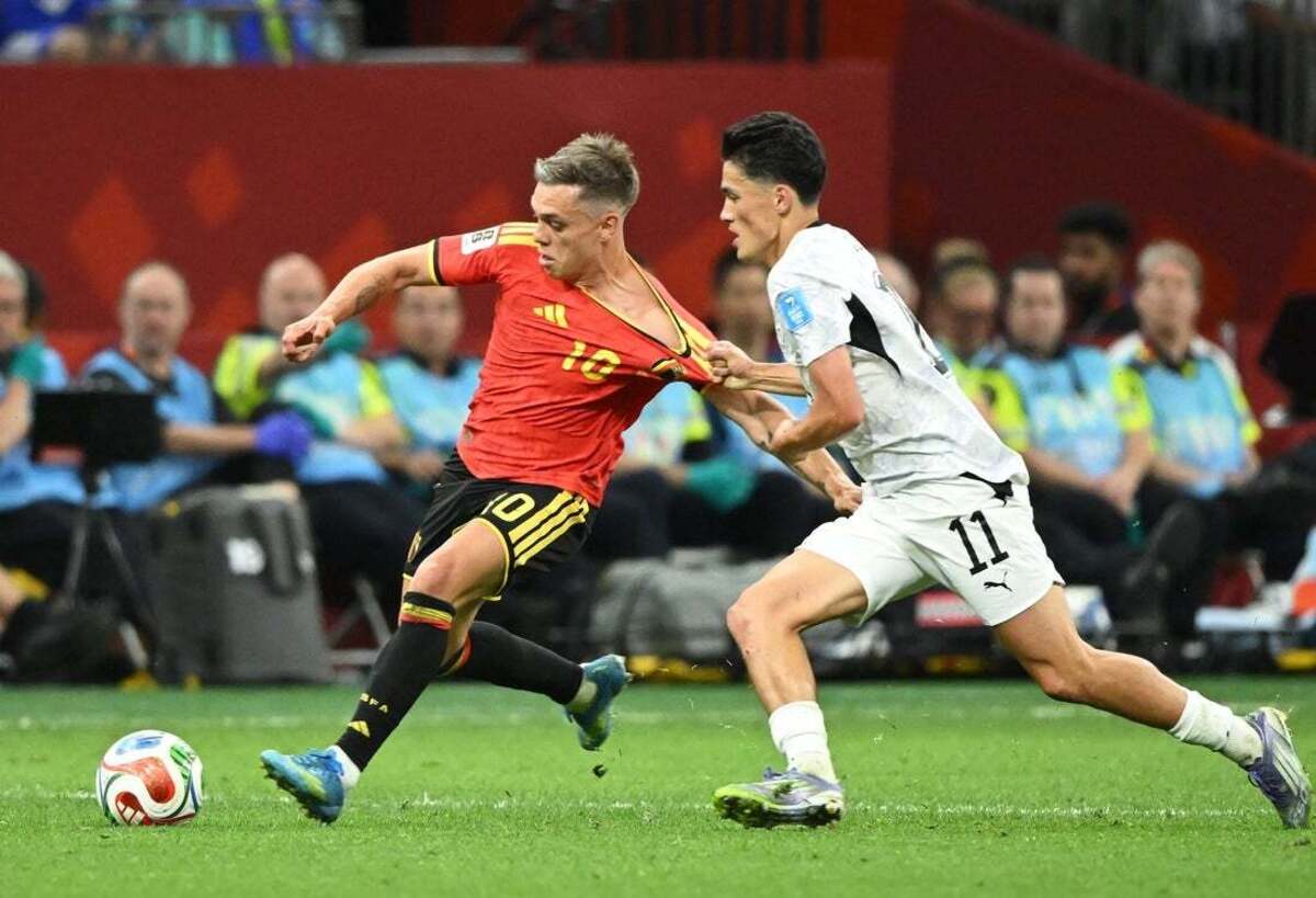 Belgium's Leandro Trossard is in action with New Zealand's Elijah Just during a FIFA Men’s World Cup Game in Vancouver, Canada, on June 26, 2026.