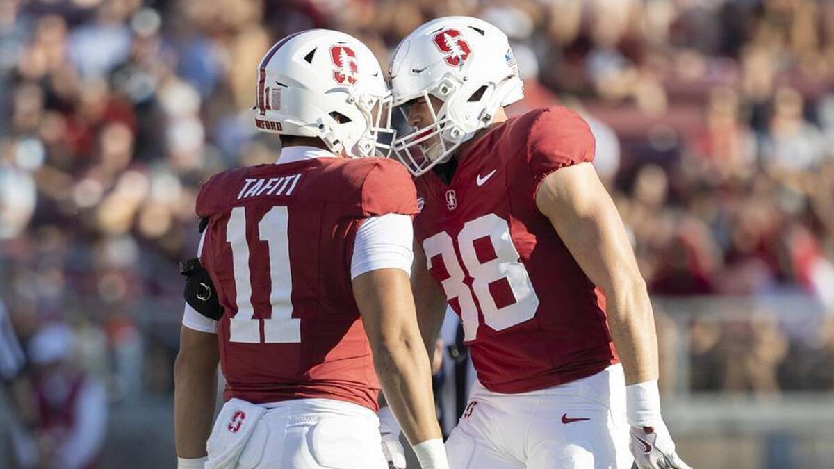  Sep 27, 2025; Stanford, California, USA; Stanford Cardinal linebacker Zach Johnson (38) celebrates with linebacker Tevarua Tafiti (11) during the second quarter against the San Jose State Spartans at Stanford Stadium. Mandatory Credit: Stan Szeto-Imagn Images | Stan Szeto-Imagn Images 