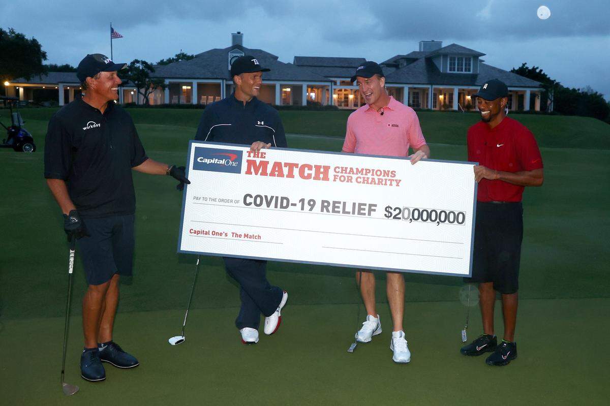 Phil Mickelson, Tom Brady, Peyton Manning and Tiger Woods competed in a charity golf rematch on May 24 at the Medalist Golf Club en Hobe Sound, Florida.