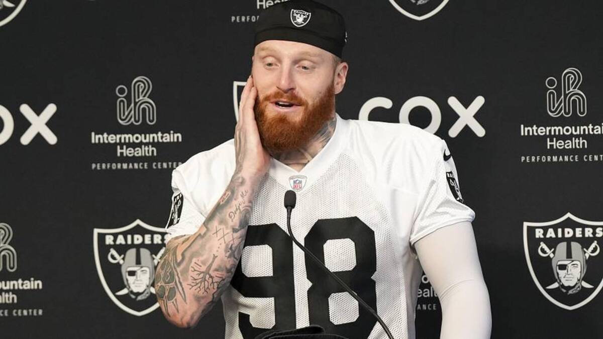  Jun 3, 2026; Henderson, NV, USA; Las Vegas Raiders defensive end Maxx Crosby (98) speaks during a news conference during organized team activities at Intermountain Health Performance Center. Mandatory Credit: Candice Ward-Imagn Images | Candice Ward-Imagn Images 