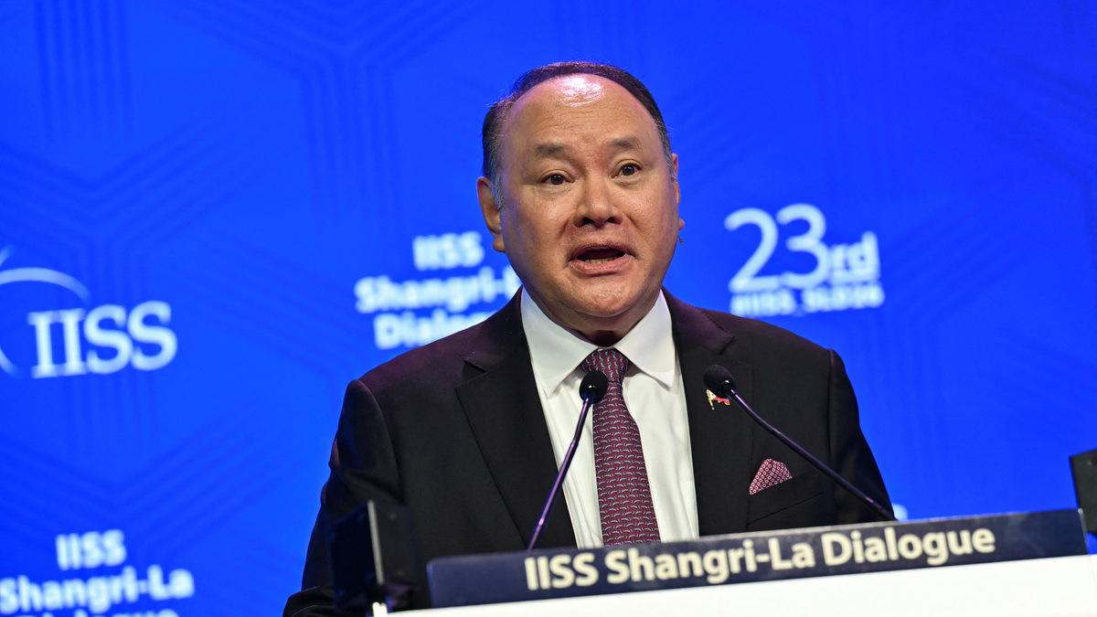 Philippines' Defence Secretary Gilberto Teodoro Jr speaks at the IISS Shangri-La Dialogue security summit in Singapore, May 31, 2026. REUTERS/Caroline Chia