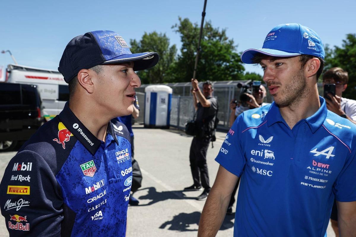  Isack Hadjar talks with Pierre Gasly in the Paddock before the 2026 F1 Barcelona-Catalunya Grand Prix Free Practice 1. Photo by Mark Thompson/Getty Images