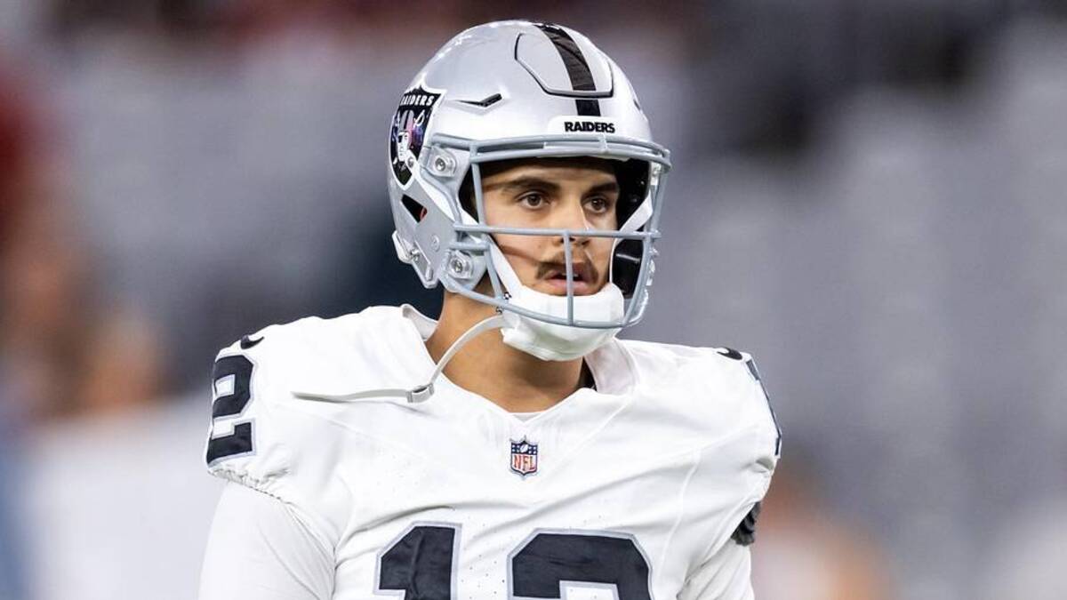  Aug 23, 2025; Glendale, Arizona, USA; Las Vegas Raiders quarterback Aidan O'Connell (12) against the Arizona Cardinals during a preseason NFL game at State Farm Stadium. Mandatory Credit: Mark J. Rebilas-Imagn Images | Mark J. Rebilas-Imagn Images 