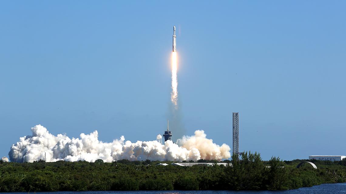 A SpaceX Falcon Heavy making its 11th launch ever takes off from Kennedy Space Center's Launch Pad 39-A on NASA's Europa Clipper mission on Oct. 14, 2024. (Richard Tribou/Orlando Sentinel/TNS)
