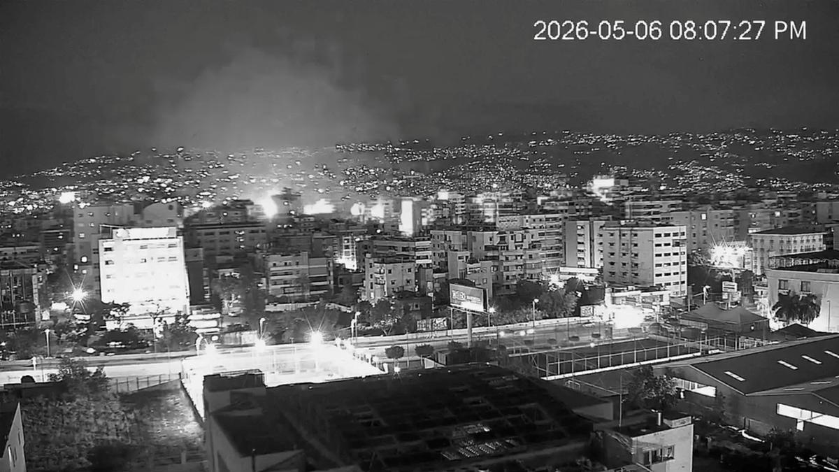 A screen grab from CCTV footage shows smoke and flames rising following an Israeli strike, in Beirut, Lebanon, May 6, 2026. VIDEO OBTAINED BY REUTERS/via REUTERS