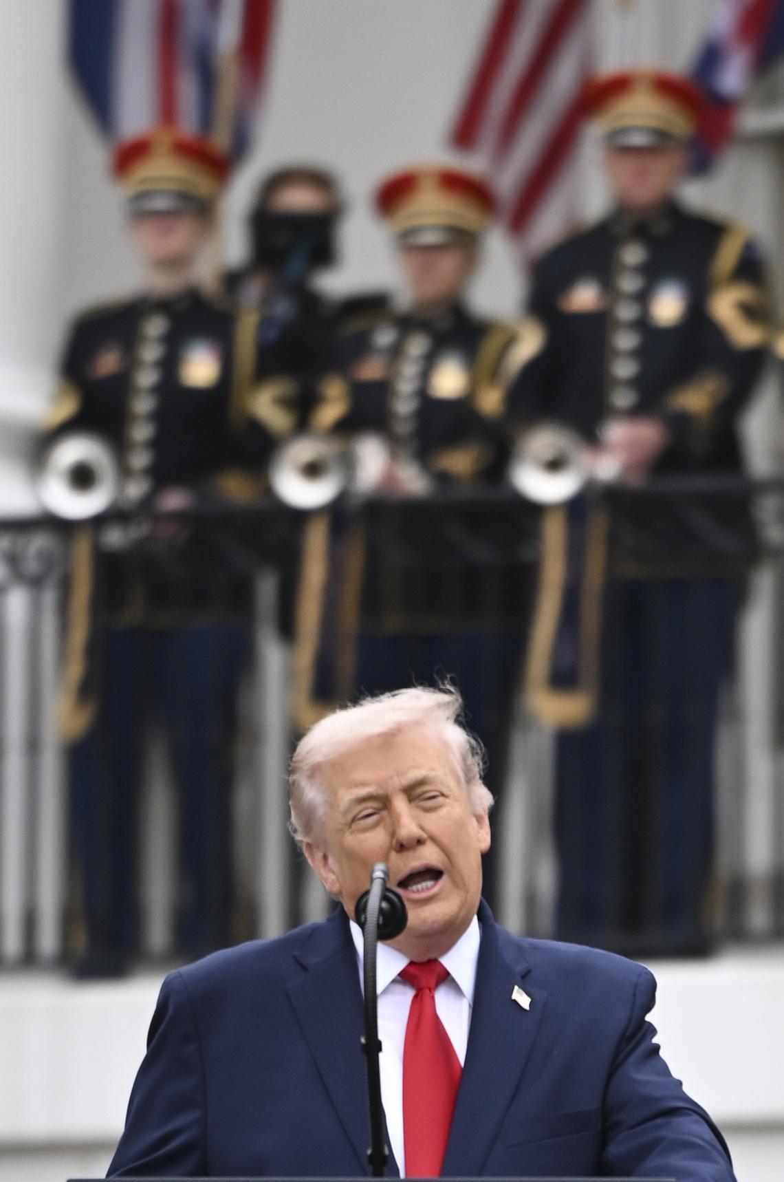 President Donald Trump speaks as King Charles III listens during an arrival ceremony on the South Lawn of the White House in Washington, on Tuesday, April 28, 2026. (Kenny Holston/The New York Times)