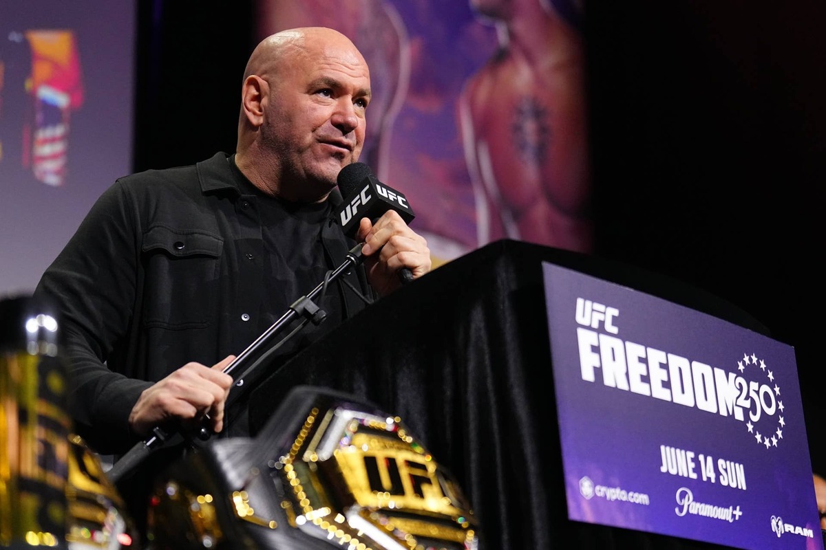  Dana White on stage during the UFC Freedom 250 press conference at Prudential Center on May 08, 2026, in Newark, New Jersey. Chris Unger/Zuffa LLC/Getty Images
