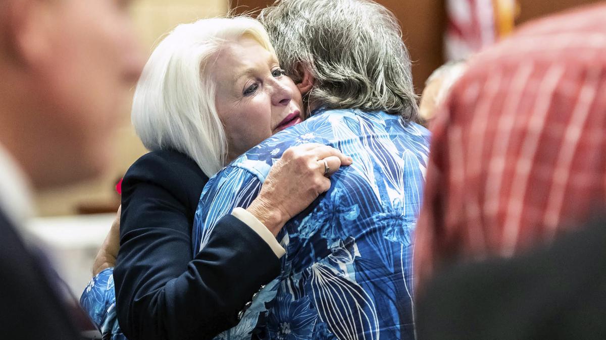Election Security Colorado Clerk. Former Mesa County Clerk and Recorder Tina Peters, left, hugs Pastor Dave Bryan of the Church of Glad Tidings, who testified on Peters' behalf during a sentencing hearing for her election interference case at the Mesa County District Court Thursday, Oct. 3, 2024, in Grand Junction, Colo. (Larry Robinson/The Grand Junction Daily Sentinel via AP)