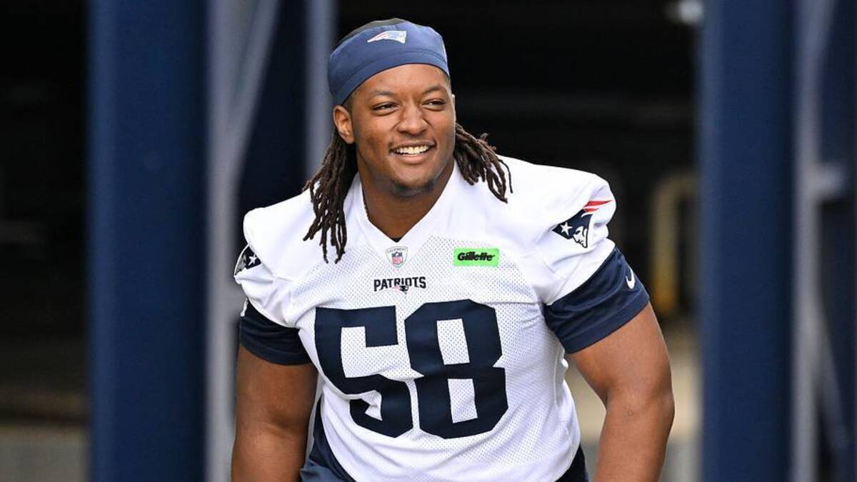  Jun 9, 2025; Foxborough, MA, USA; New England Patriots center Jared Wilson (58) walks to the practice fields at Gillette Stadium. Mandatory Credit: Eric Canha-Imagn Images | Eric Canha-Imagn Images 