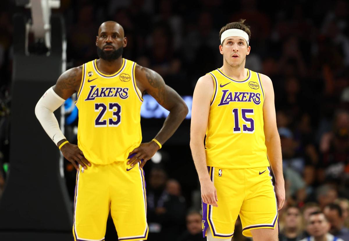  Los Angeles Lakers guard Austin Reaves (15) with forward LeBron James Mark J. Rebilas-Imagn Images