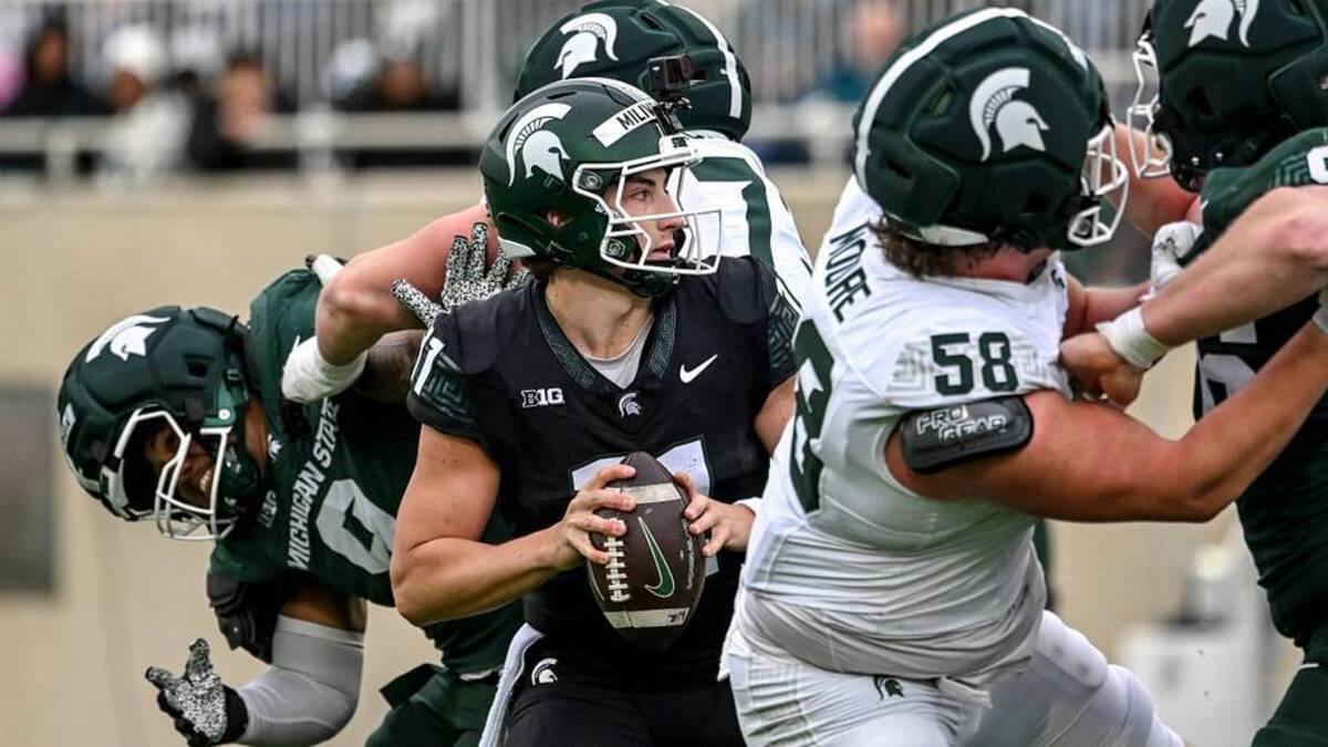  Michigan State's Alessio Milivojevic looks to throw during the football Spring Showcase on Saturday, April 18, 2026, at Spartan Stadium in East Lansing. | Nick King/Lansing State Journal / USA TODAY NETWORK via Imagn Images 