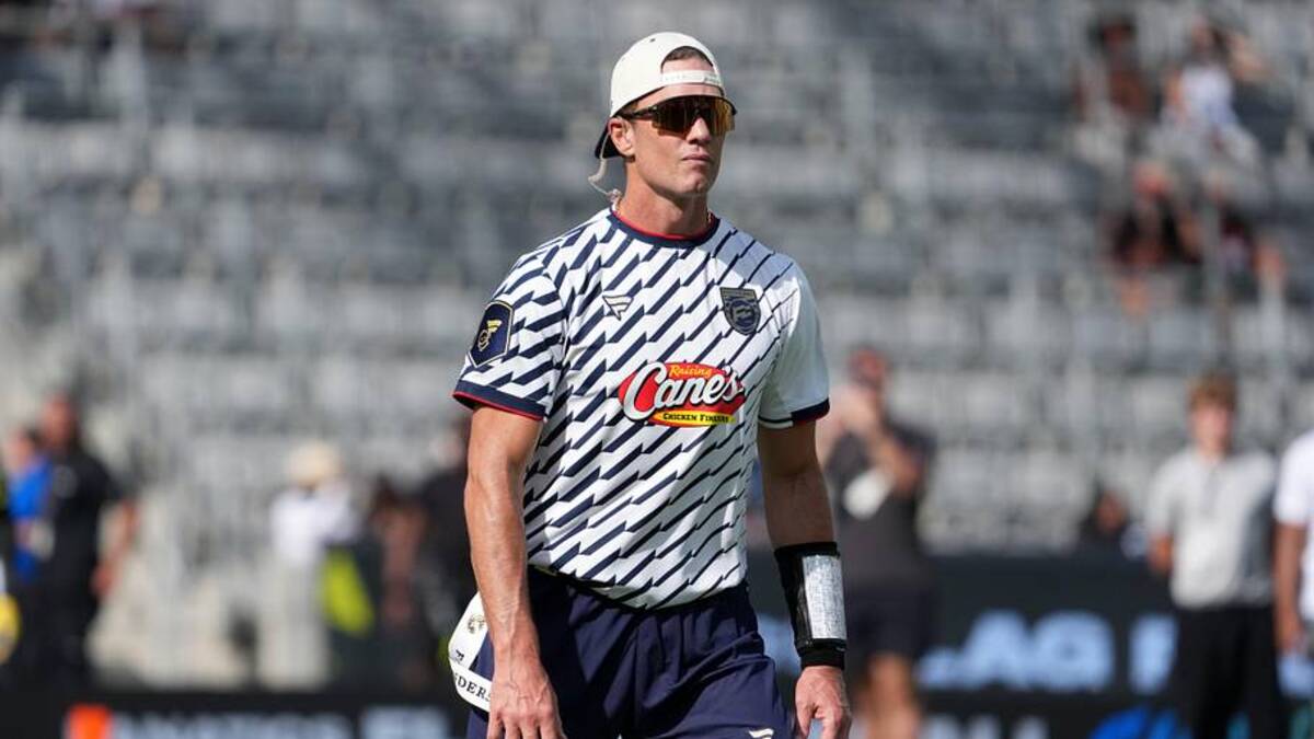  Mar 21, 2026; Los Angeles, CA, USA; Founders FFC quarterback Tom Brady (12) during the Fanatics Flag Football Classic at BMO stadium. Mandatory Credit: Kirby Lee-Imagn Images | Kirby Lee-Imagn Images 