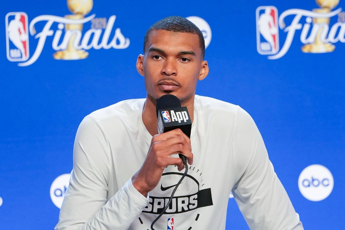  San Antonio Spurs star Victor Wembanyama speaks with reporters during the NBA Finals. Daniel Dunn-Imagn Images