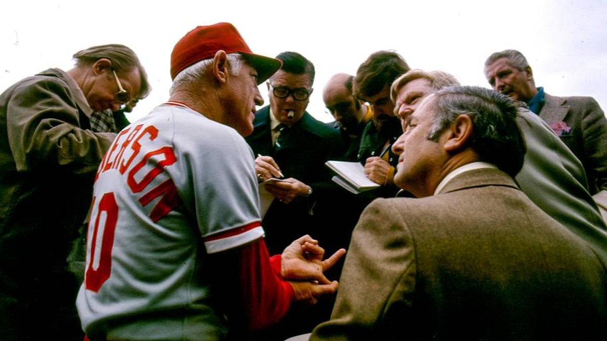  Reds manager Sparky Anderson talks with media members before Game 2 of the 1975 World Series. | Tony Triolo/Sports Illustrated 