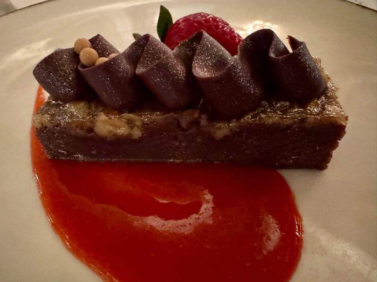  Close-up of the famous Palmer House brownie at the Palmer House  Hilton , a rich, fudgy chocolate dessert topped with a glossy walnut and apricot glaze. Honestly, we could have eaten this morning, noon, and night, it was that good. Photo credit: Emily Molina 