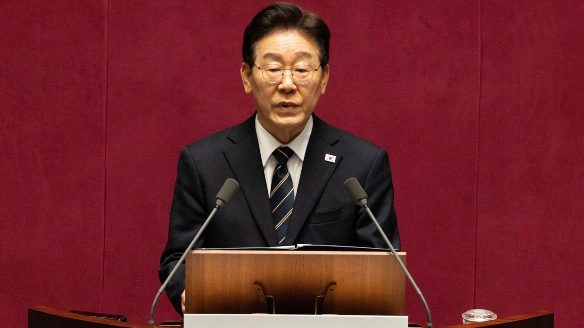 South Korean President Lee Jae Myung gives a speech on the Government's first supplemetary budget bill of 2026 at the National Assembly in Seoul, South Korea, 02 April 2026. JEON HEON-KYUN/Pool via REUTERS/File Photo