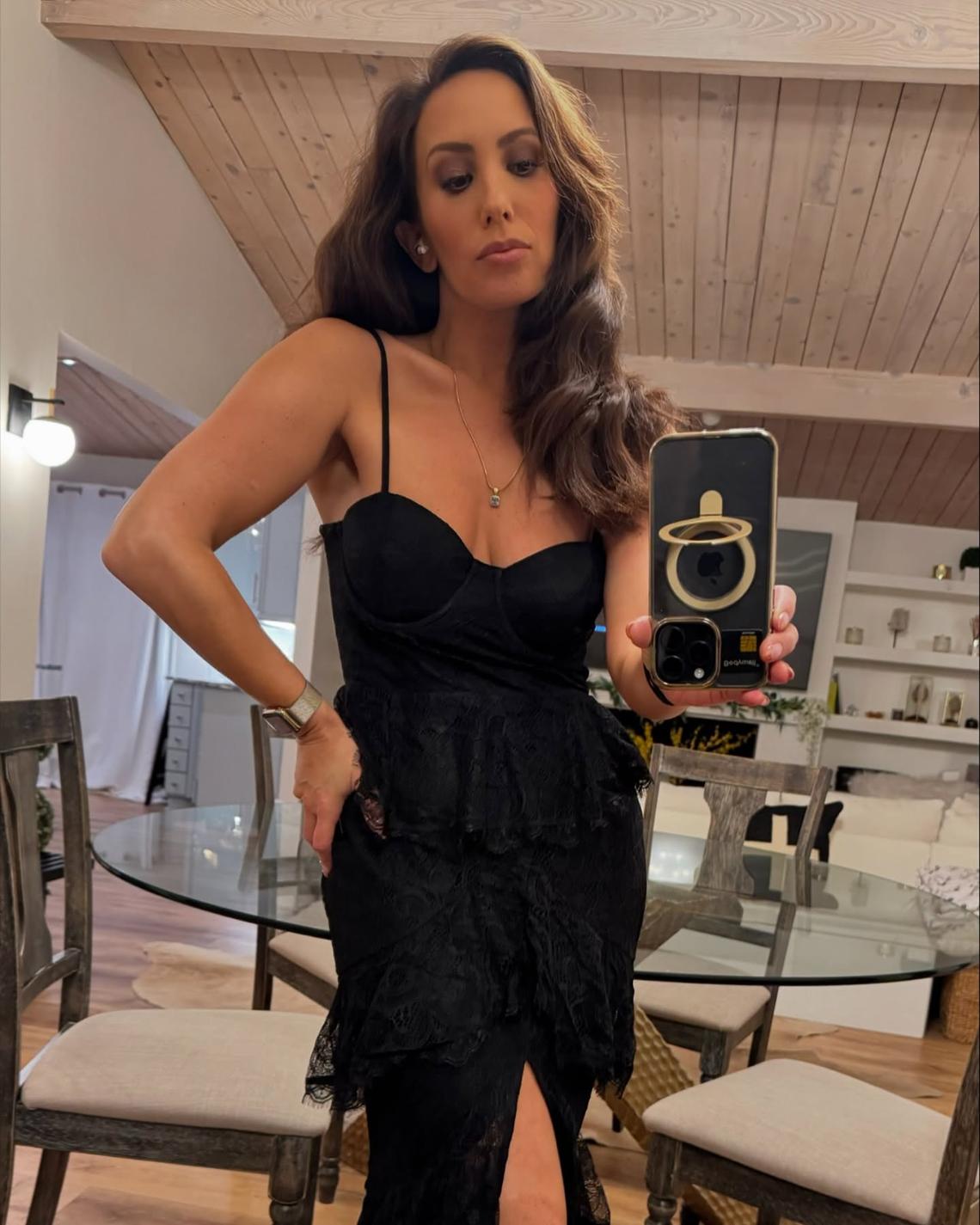 Cheryl Burke The "Sex, Lies and Spray Tans" podcaster looked incredible in a black dress while taking a selfie at home. That year, Cheryl spoke about her struggle with body dysmorphia, especially when competing on DWTS. "It would really alter my mood to where, if I felt heavy or if I felt bloated, and I was putting on a costume, then all my insecurities would come out on other people, onto my partner, just in general, just because of that self-hate that I had for myself," she revealed on "The Amy and T.J. Podcast." She added, "Am I still there? I'm not gonna say I'm fully recovered, I'm still healing." Courtesy of Cheryl Burke/Instagram