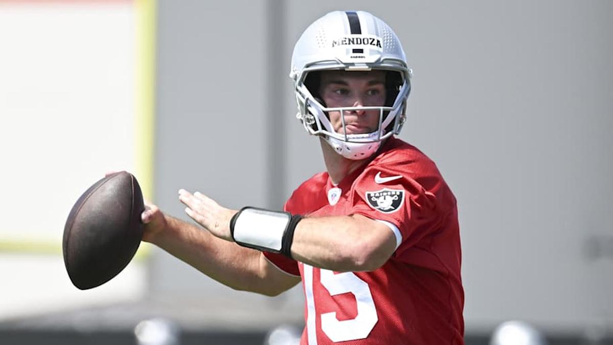  May 2, 2026; Henderson, NV, USA; Las Vegas Raiders quarterback Fernando Mendoza (15) runs through a drill during a Rookie Minicamp at Intermountain Health Performance Center. Mandatory Credit: Candice Ward-Imagn Images | Candice Ward-Imagn Images 