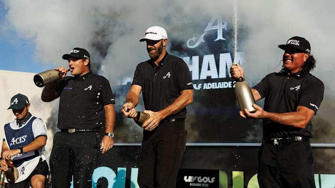  Pat Perez (right) celebrated with his LIV Golf team in Adelaide in 2023. | Mike Frey-Imagn Images 
