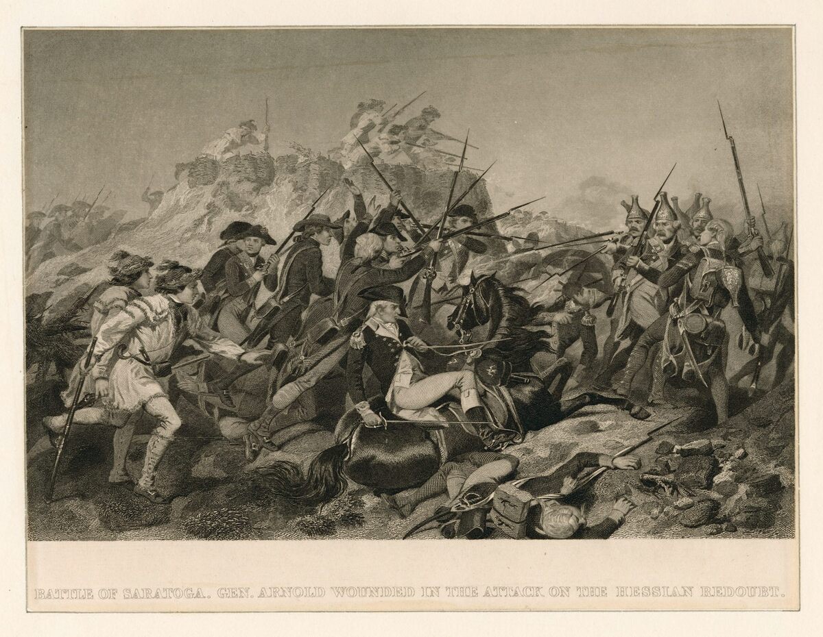  The crucial battle of Saratoga was won by the U.S. troops, but Gen. Benedict Arnold was wounded. Alonzo Chappel, artist; New York Public Library 