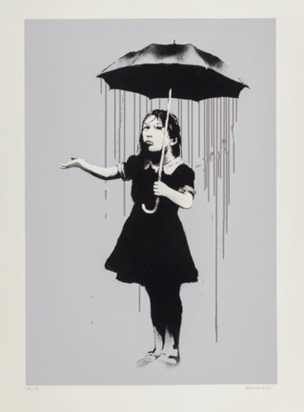  "Nola (Grey Rain)" by Banksy was owned by actor Matthew Perry. (Heritage Auctions via SWNS) 