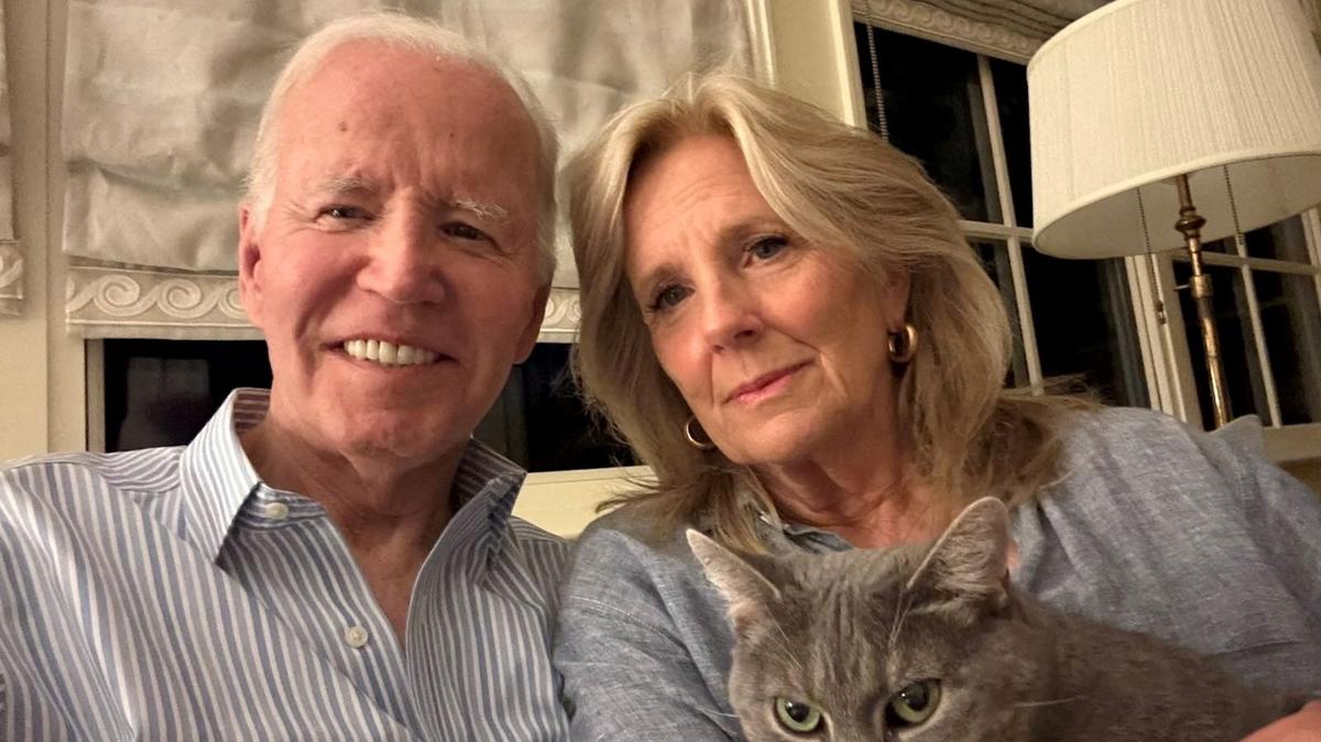 Former U.S. President Joe Biden and former First Lady Jill Biden pose for a selfie photo, in this handout social media picture released May 19, 2025.