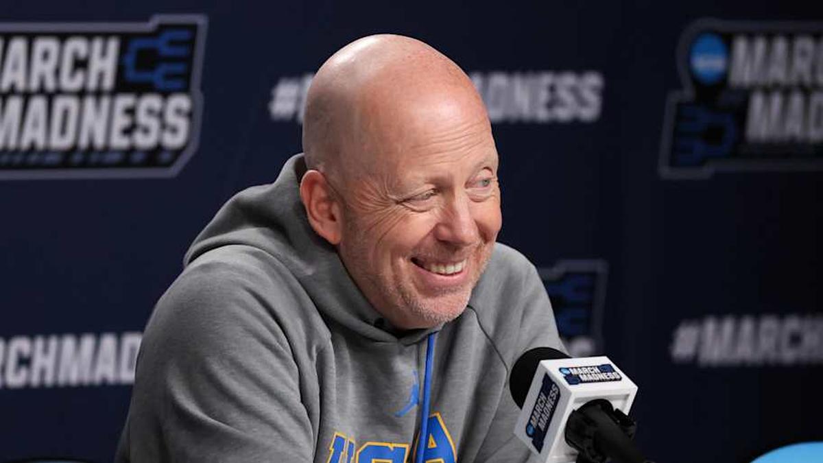  Mar 19, 2026; Philadelphia, PA, USA; UCLA Bruins head coach Mick Cronin speaks with the media before a practice session ahead of the first round of the men's 2026 NCAA Tournament at Xfinity Mobile Arena. Mandatory Credit: Bill Streicher-Imagn Images | Bill Streicher-Imagn Images 