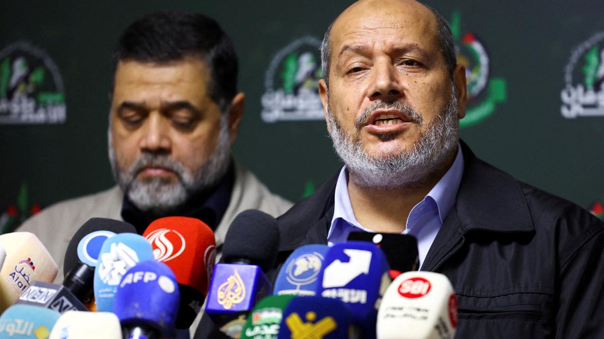 FILE PHOTO: Hamas officials, Khalil Al-Hayya and Osama Hamdan, attend a press conference in Beirut, Lebanon, November 21, 2023. REUTERS/Esa Alexander/File Photo