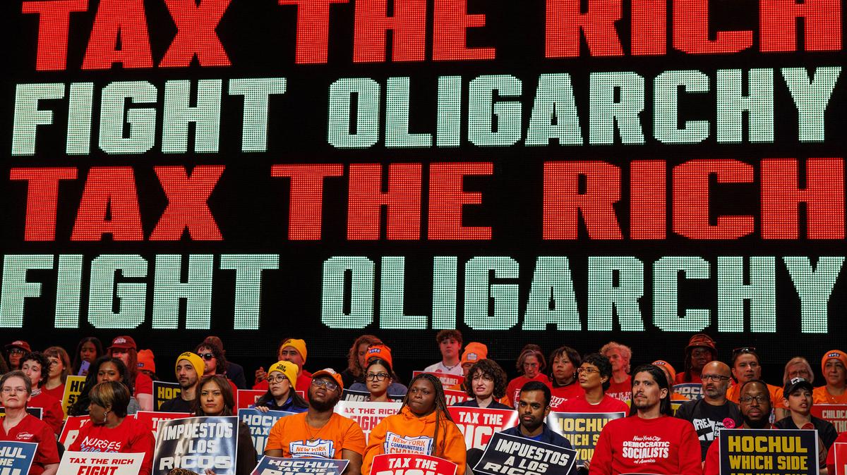 People attend a Tax The Rich rally hosted by the Democratic Socialists of America at Lehman College in the borough of the Bronx in New York, NY, on March 29, 2026.